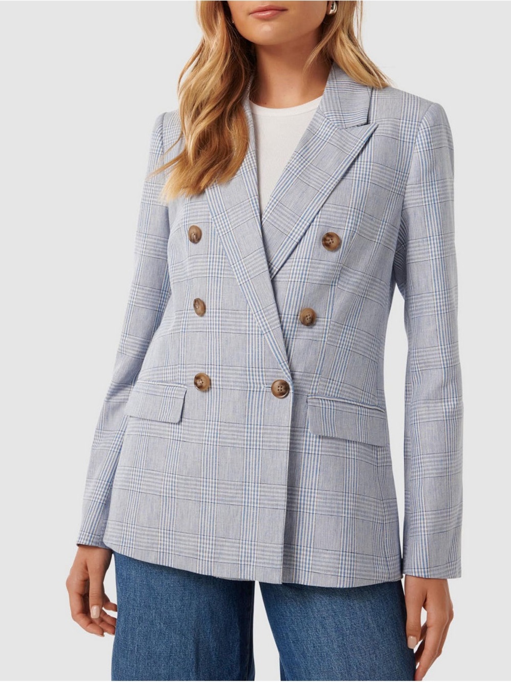 Ever New Light Blue Plaid Double-Breasted Blazer